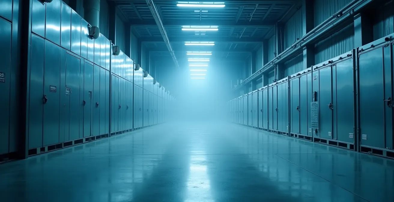 Vue d'ensemble d'un entrepôt frigorifique moderne avec vapeur froide visible